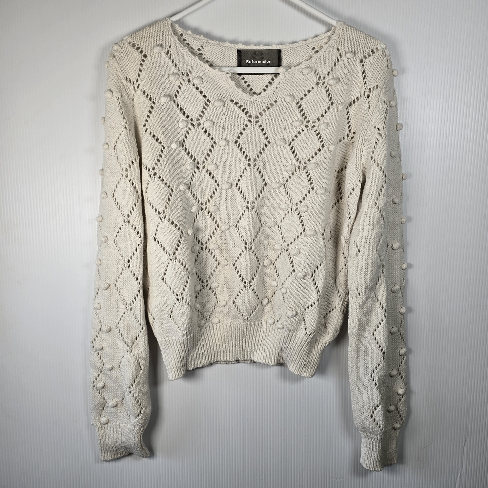 Reformation Marie Long Sleeve Cream Sweater Diamond Open-Knit Pom Poms No Size